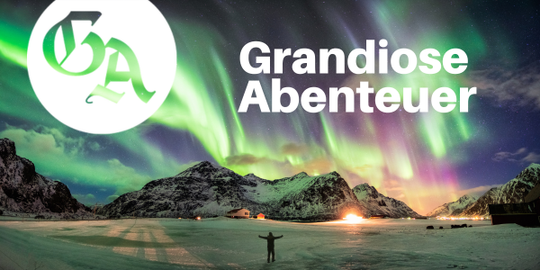 Banner &bdquo;Grandiose Abenteuer&ldquo; mit Nordlichtern und GA-Logo